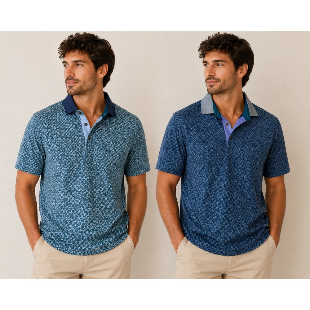 Greyson Clothiers Mens Large Performance Golf Polo Shirt Blue Geometric lot of 2